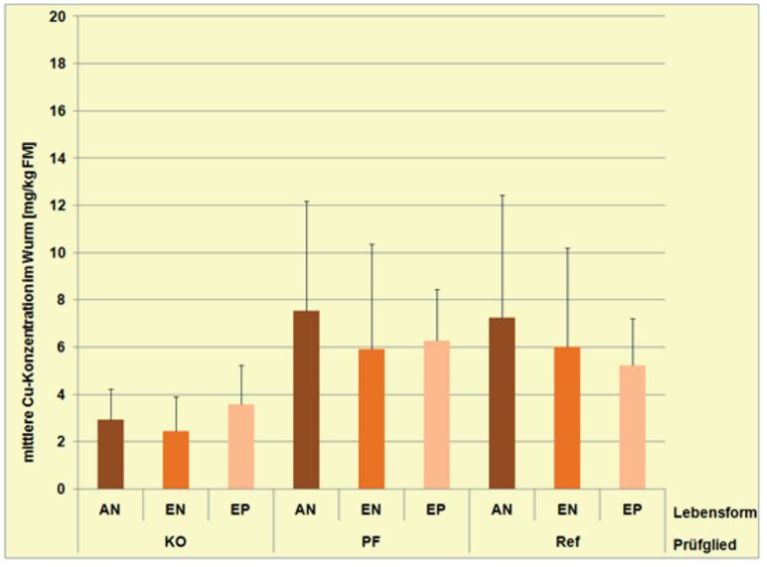 Abb. 13.  Mittlere Kupfergehalte [mg Cu/kg Wurmfrisch­masse] in extrahierten Würmern aller Bepro­bungen (2010 + 2011) der 3 Lebensformtypen, anezische Arten (AN), endogäische Arten (EN) und epigäische Arten (EP) gruppiert nach Prüfgliedern Kontrolle (KO), Prüfflächen (PF/PF2) und Referenzflä­che (RF).