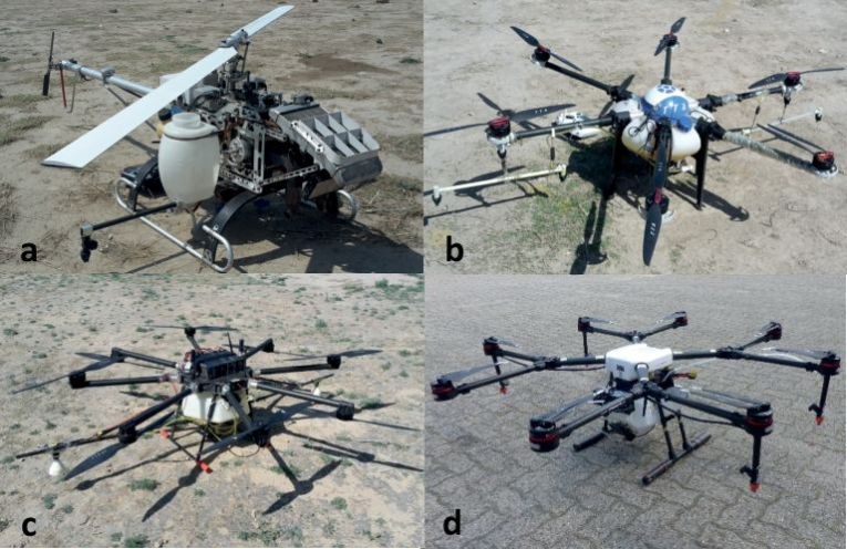 Fig. 1. UAASs involved in the study (a – 1 rotor, b – 6 rotor, c – 8 rotor (TTA) and d – 8 rotor (DJI)