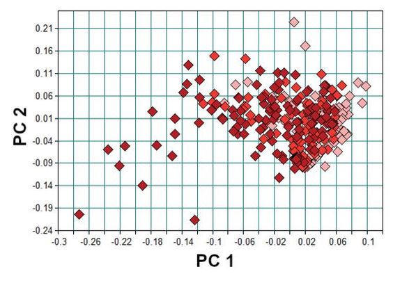 Abb. 9. PCA von Greiskraut zu verschiedenen Entwicklungsstufen (M). Jeder Punkt zeigt ein gemessenes Spek­trum desselben Blattes einer Pflanze (N = 20, n = 12–18, M1-M4/jung: hellrot, M5-M8/mittel: rot, M9–18/alt: dunkelrot).