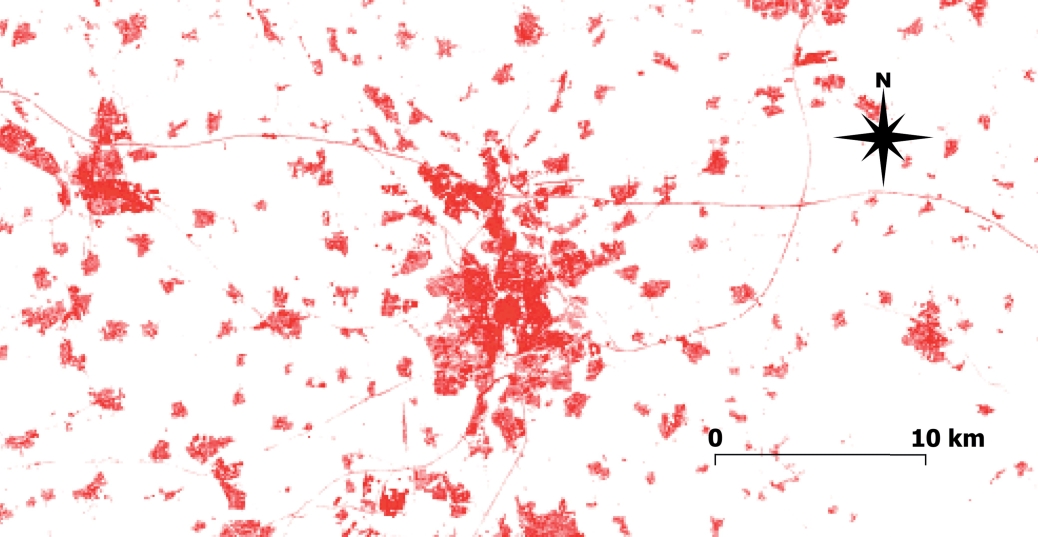 Fig. 5. Coverage of impervious substrate in Braunschweig and surroundings (Lower Saxony, Germany). 
Increa­sing coverage of impervious substrate is represented by increasing red colour. Data were obtained from the EU Copernicus program (European Union, Copernicus Land Monitoring Service, 2020b).
