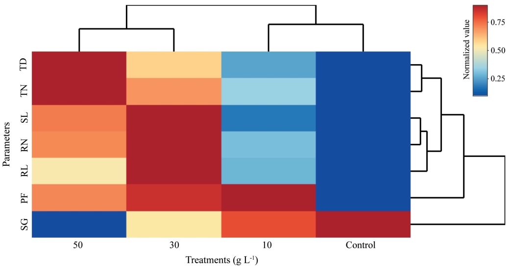 Fig. 5. Hierarchical clustering heatmap-based comparison of the developmental data. 
SG: seed germination, PF: protocorm formation, SL: shoot length, RL: root length, RN: root number, TD: tuber diameter, TN: tuber number
