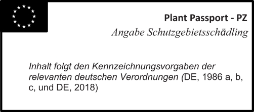 Abb. 2. Pflanzenpass-Layout für anerkanntes Saat- und Pflanzgut zur Verbringung in ein Schutzgebiet (PZ: Protected Zone). 
Optional kann vor „Plant Passport -PZ“ die deutsche Bezeichnung gefolgt von einem Schrägstrich eingefügt werden, also „Pflanzenpass – PZ/Plant Passport – PZ“.
