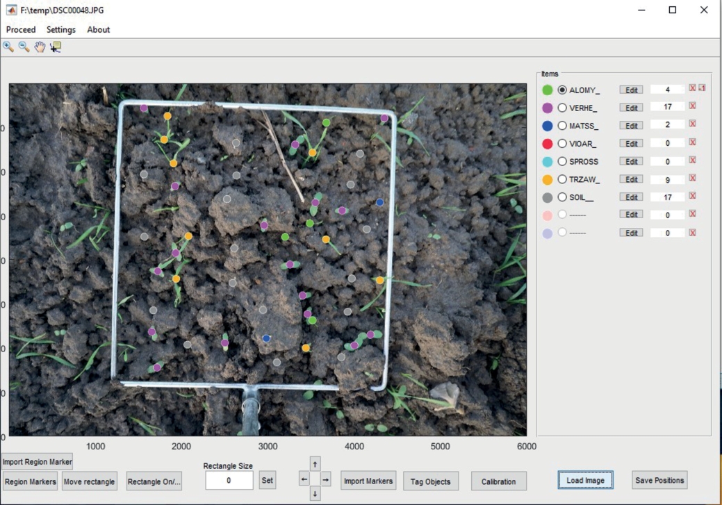 Abb. 3. ImageObjectLocator Version 0.38. Benutzeroberfläche mit annotierten Unkrautpflanzen.