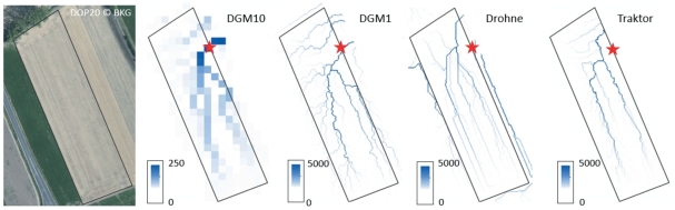 Abb. 4. Aus DGM-Daten unter­schiedlicher Quellen ab­geleitete Abflussakkumulation. 
Der rote Stern markiert die maximale Was­serakkumulation laut DGM1 und DGM10 (ei­gene Darstellung).
