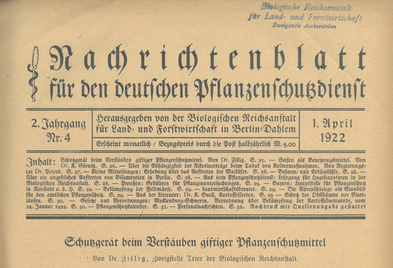Abb. 2. Das Nachrichtenblatt für den deutschen Pflan­zenschutzdienst bekam im April 1922 das für den amtlichen Pflanzenschutz typische Sinnbild der Ähren­schlange (Biologische Reichsanstalt für Land- und Forstwirtschaft, 1922).