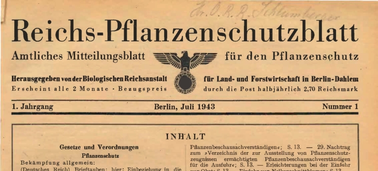 Abb. 3. Erstes Heft des Reichs-Pflanzenschutzblatt. Das Hakenkreuz wurde geschwärzt. (Biologi­sche Reichsanstalt für Land- und Forstwirt­schaft, 1943).