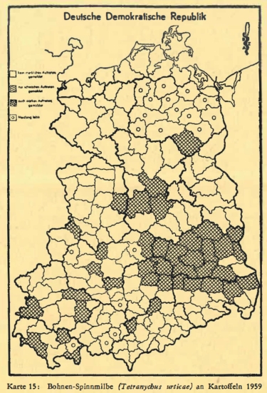 Abb. 4. Verbreitungskarte der Bohnen-Spinnmilbe an Kar­toffelkulturen auf dem Gebiet der DDR im Jahr 1959 (Masurat & Stephan, 1960).