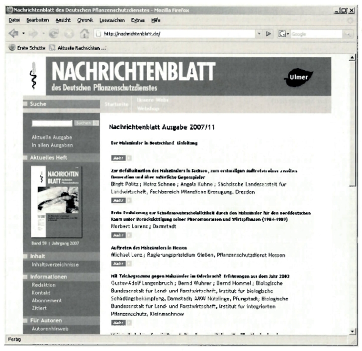 Abb. 7. Bildschirmfoto der er­sten Online-Ausgabe des Nachrichtenblatt des Deutschen Pflan­zenschutzdienstes im Jahr 2008. Foto (s/w): Ulmer-Verlag.