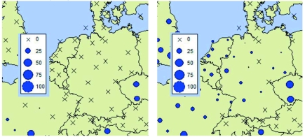 Abb. 6. Ökoklimatischer Index der betrachteten Standorte für die Europäische Wanderheuschrecke. Links: Szenario 1 (RCP2.6, 2021-2050), rechts: Szenario 6 (RCP8.5, 2071-2100)