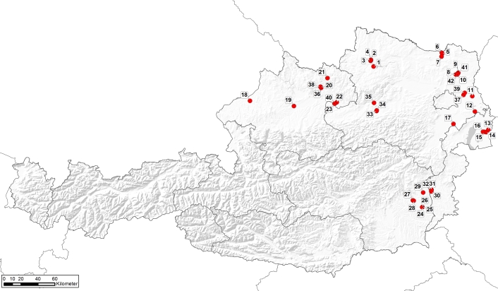 Abb. 1. Überblick über die Standorte der untersuchten Hanffelder (n = 42) in Österreich. Auf den Standorten 38 bis 42 wurde nur die Unkrautflora erhoben.