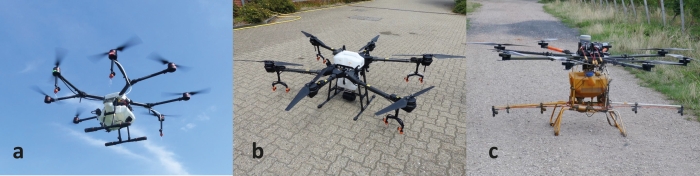 Fig. 1. Drones used for the experiments. a) DJI Agras MG-1 (max. take-off mass 24 kg, max. payload 10 kg), b) DJI Agras T16 (41 kg, 15 kg), c) Multikopter.de EVO-X8 (50 kg, 17 kg)
