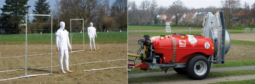 Fig. 4. Arrangement of the dosimeters on the measuring area (left) and the orchard sprayer (KA32/1000 from Wanner) used (right).