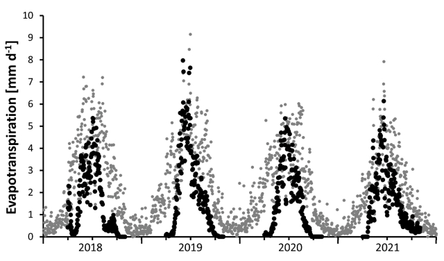 Fig. 4. ETo (grey dots) from 2018 through 2021 and ETc of hemp (black dots) during the growing seasons of 2018, 2019, 2020, and 2021. X-axis: Years divided by quartal.
