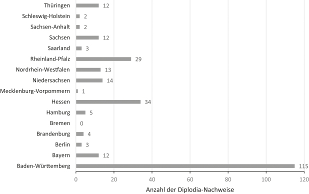 Abb. 2. Anzahl der nachweislich mit Pilzen aus der Gattung Diplodia befallenen Proben je Bundesland
