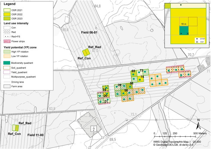 Fig.1. Map of the patchCROP landscape experiment. patchCROP and the surrounding reference fields are shown. The location of the oilseed rape (OSR) patches and reference fields are highlighted to show the three harvest years (2021, 2022, 2023). Adjacent reference fields without OSR are not shown. Right corner: Close-up view of digital (DYWT) and yellow water trap (YWT) placement in a patch’s biodiversity quadrant. In addition to containing the YWTs, the biodiversity quadrant is used for experiments and data collection related to biodiversity (e.g. capturing insects in pitfall traps). The soil quadrant is used for soil sampling and related experiments. The yield quadrant is used for taking biomass cuttings and other harvest related data collection. The multipurpose quadrant is used for data collection that is more destructive to the crop and would be detrimental to experiments in other quadrants. (Bar: Barley, CC: cover crops, Soy: soybean, Maiz: Maize, Whe: Wheat).