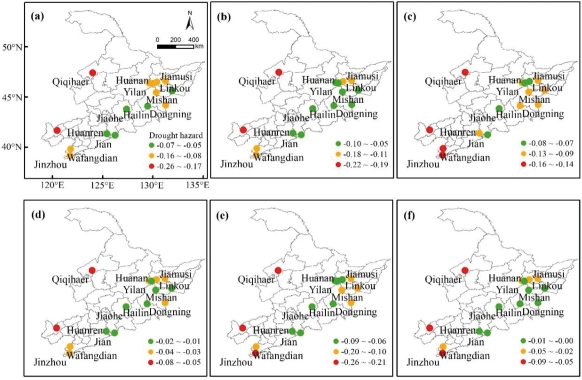 Fig.3 Spatial distribution of drought hazard for different growth stages of grapevine in the Northeast wine region of China between 1981–2020 (a) bud burst; (b) shoot growth; (c) flowering; (d) berry development, (e) maturation; (f) full growth.