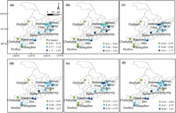 Fig.4 Spatial distribution of wet hazard for different growth stages of grapevine in the Northeast wine region of China between 1981–2020 (a) bud burst; (b) shoot growth; (c) flowering; (d) berry development; (e) maturation; (f) full growth.