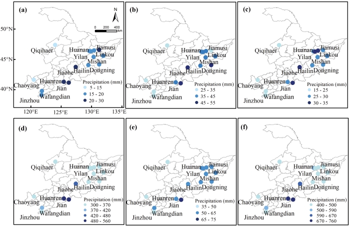 Fig.S3: Spatial distribution of average precipitation for different growing stages of grapevine in the Northeast wine region of China between 1981–2020 (a) bud burst; (b) shoot growth; (c) flowering; (d) berry development, (e) maturation; (f) full growth.