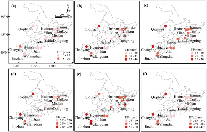 Fig.S4: Spatial distribution of average ETc for different growing stages of grapevine in the Northeast wine region of China between 1981–2020 (a) bud burst; (b) shoot growth; (c) flowering; (d) berry development, (e) maturation; (f) full growth.