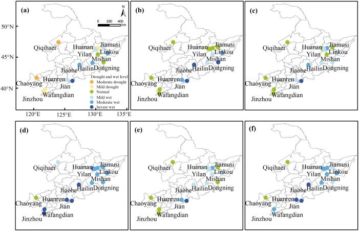 Fig.S5: Spatial distribution of CWSDI for different growing stage of grapevine in the Northeast wine region of China between 1981–2020 (a) bud burst; (b) shoot growth; (c) flowering; (d) berry development, (e) maturation; (f) full growth.