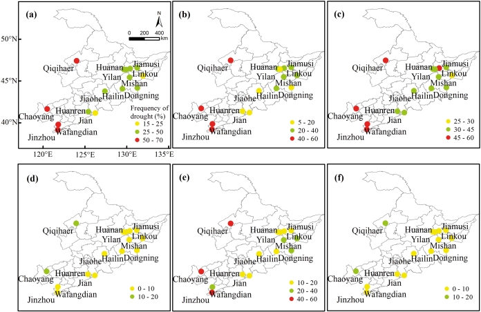 Fig.S6: Spatial distribution of drought frequency for different growing stage of grapevine in the Northeast wine region of China between 1981–2020 (a) bud burst; (b) shoot growth; (c) flowering; (d) berry development, (e) maturation; (f) full growth.