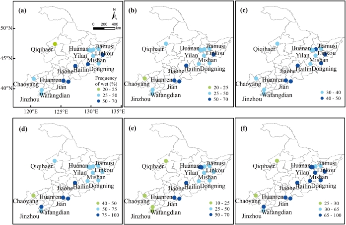 Fig.S7: Spatial distribution of wet frequency for different growing stage of grapevine in the Northeast wine region of China between 1981–2020 (a) bud burst; (b) shoot growth; (c) flowering; (d) berry development, (e) maturation; (f) full growth
